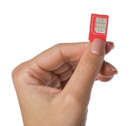 Photo of Woman with SIM card on white background, closeup