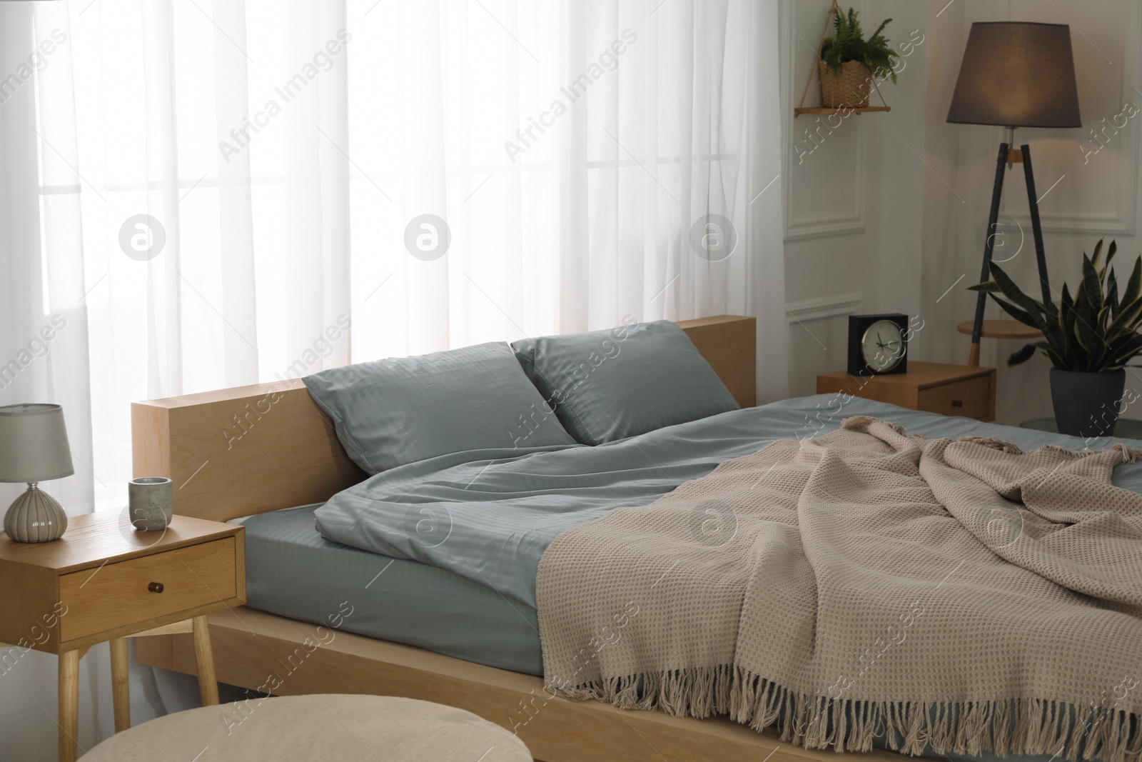 Photo of Stylish bedroom with double bed and beautiful green houseplants. Modern interior