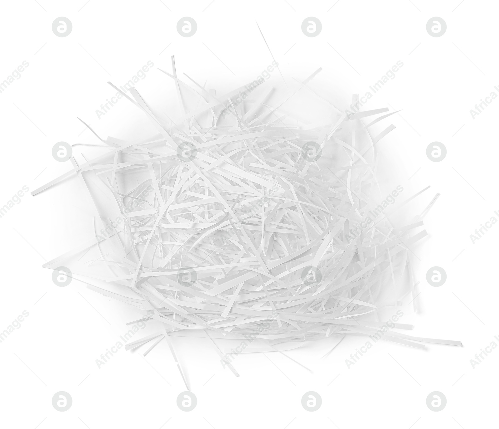 Photo of Pile of shredded paper isolated on white, top view