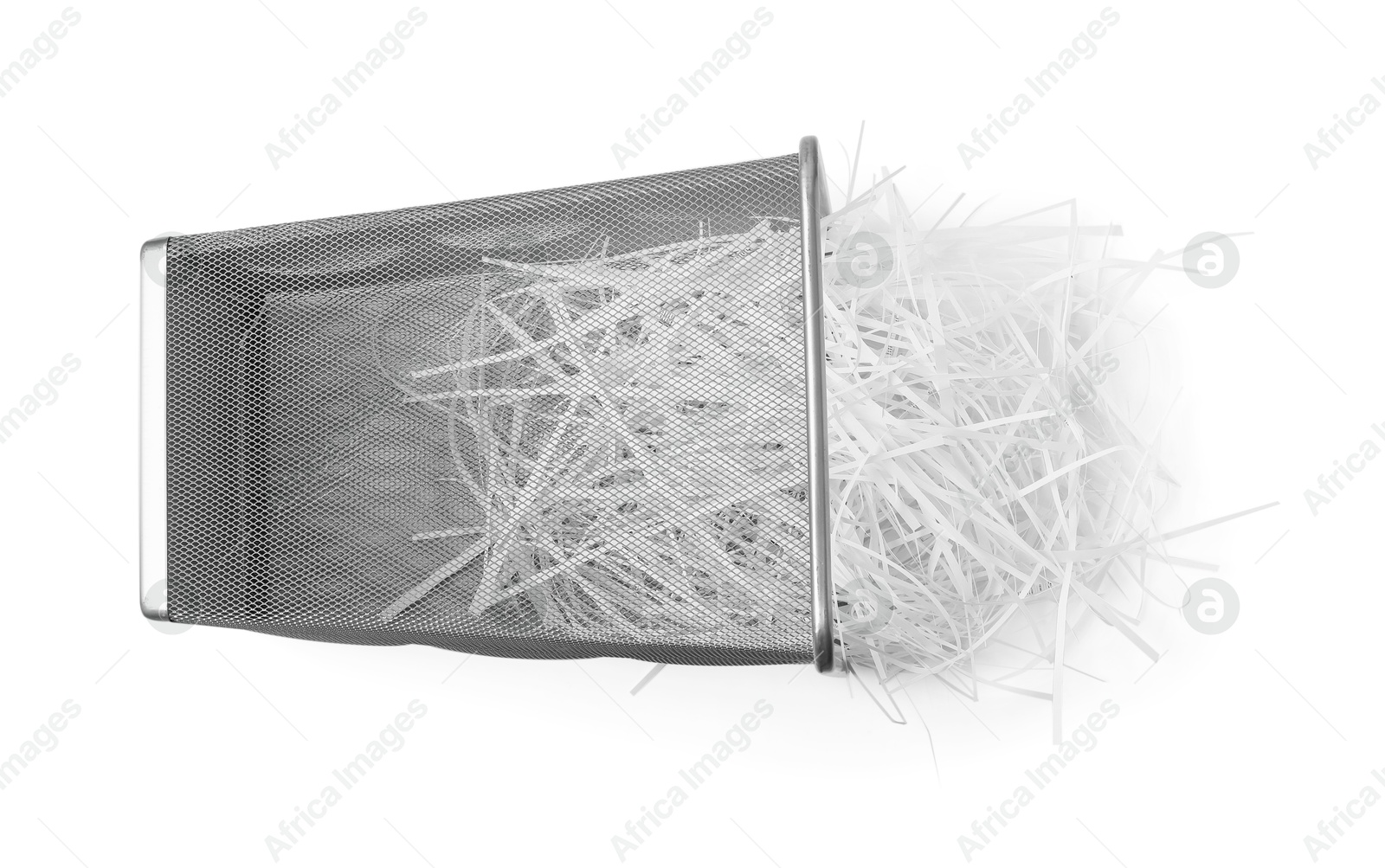 Photo of Metal basket and shredded paper isolated on white, top view