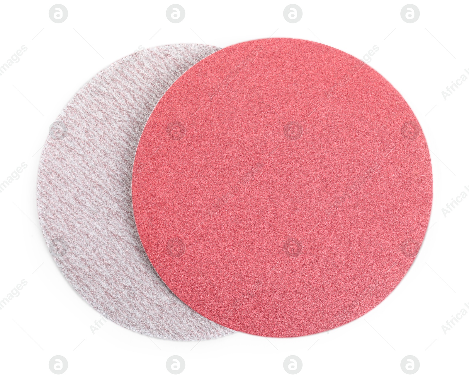 Photo of Coarse sandpaper disks isolated on white, top view