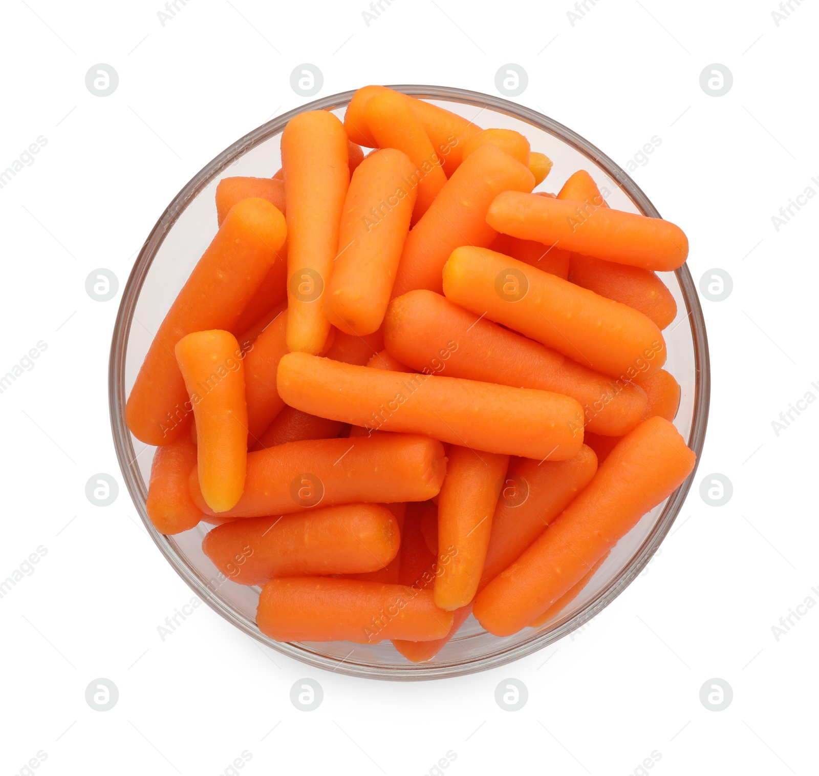 Baby carrots in bowl isolated on white, top view Photo of Baby carrots in bowl isolated on white, top view