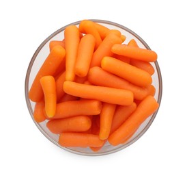 Photo of Baby carrots in bowl isolated on white, top view