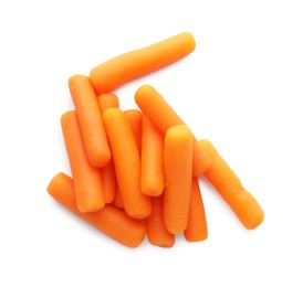 Pile of baby carrots isolated on white, top view