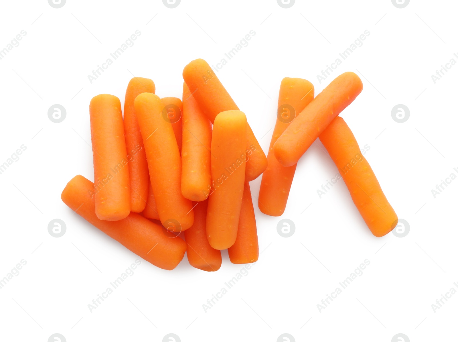 Photo of Pile of baby carrots isolated on white, top view