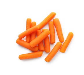 Many baby carrots isolated on white, top view