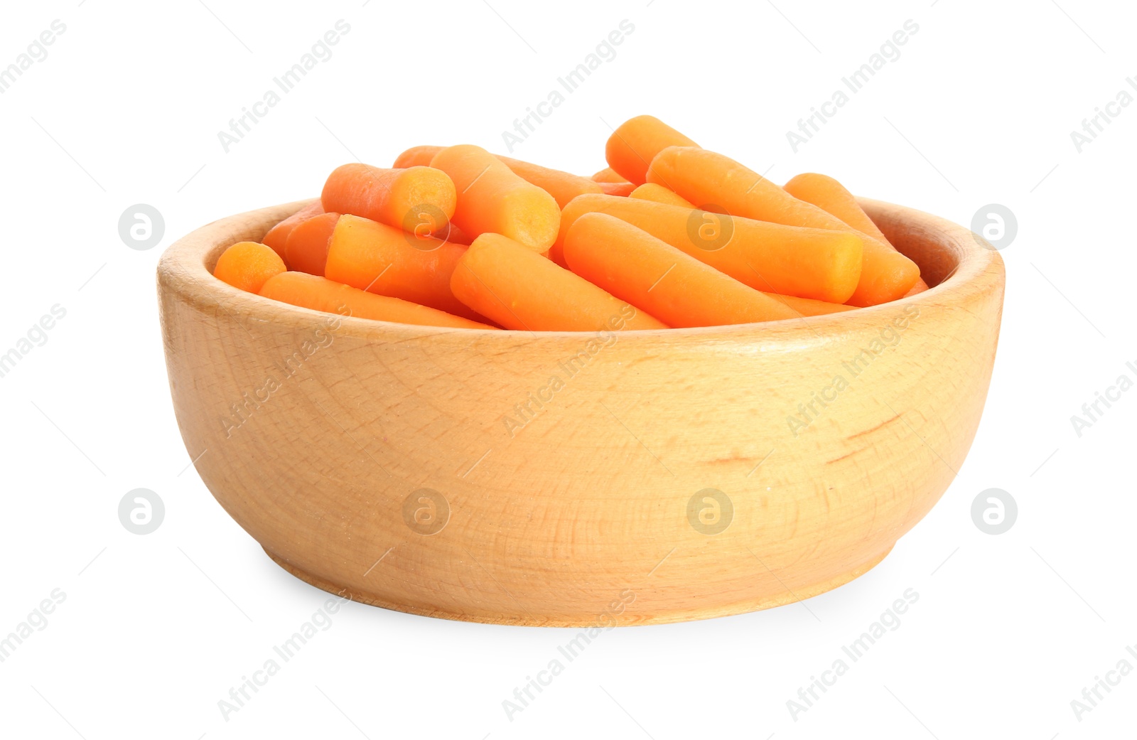 Photo of Baby carrots in bowl isolated on white