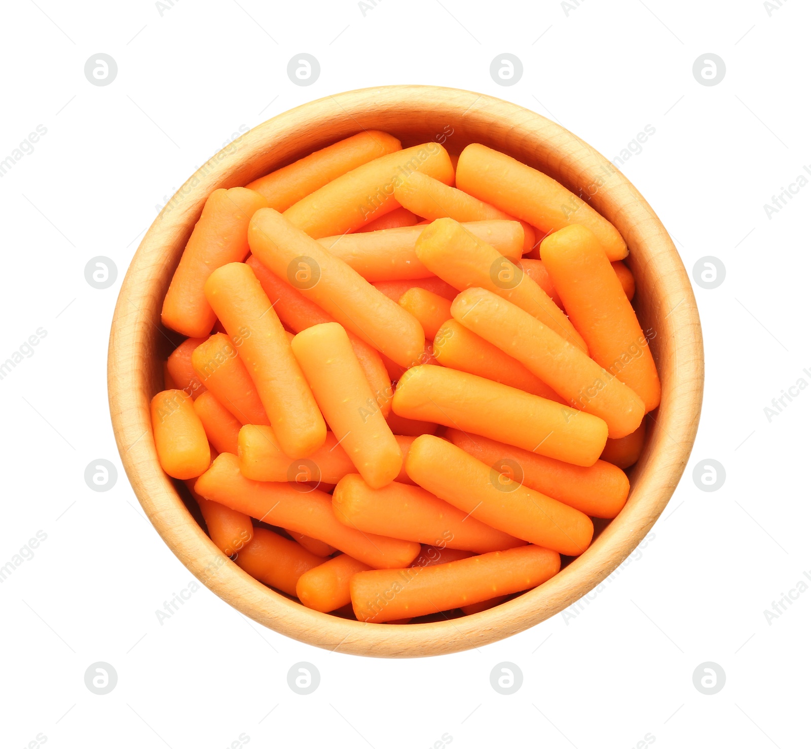 Photo of Baby carrots in bowl isolated on white, top view