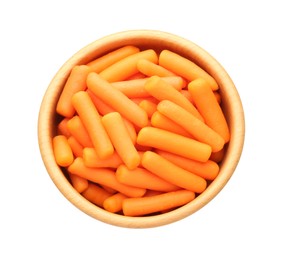 Photo of Baby carrots in bowl isolated on white, top view