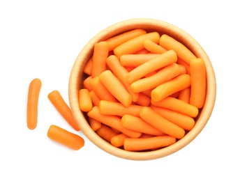 Photo of Baby carrots in bowl isolated on white, top view