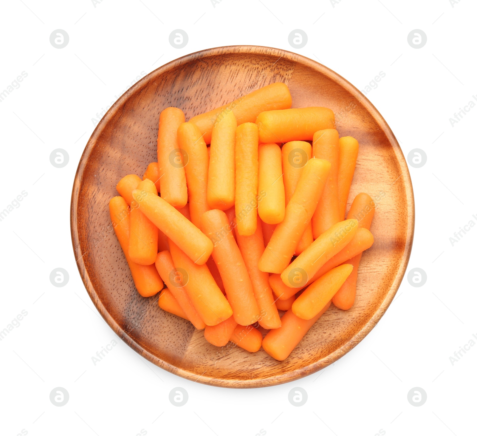 Photo of Baby carrots isolated on white, top view