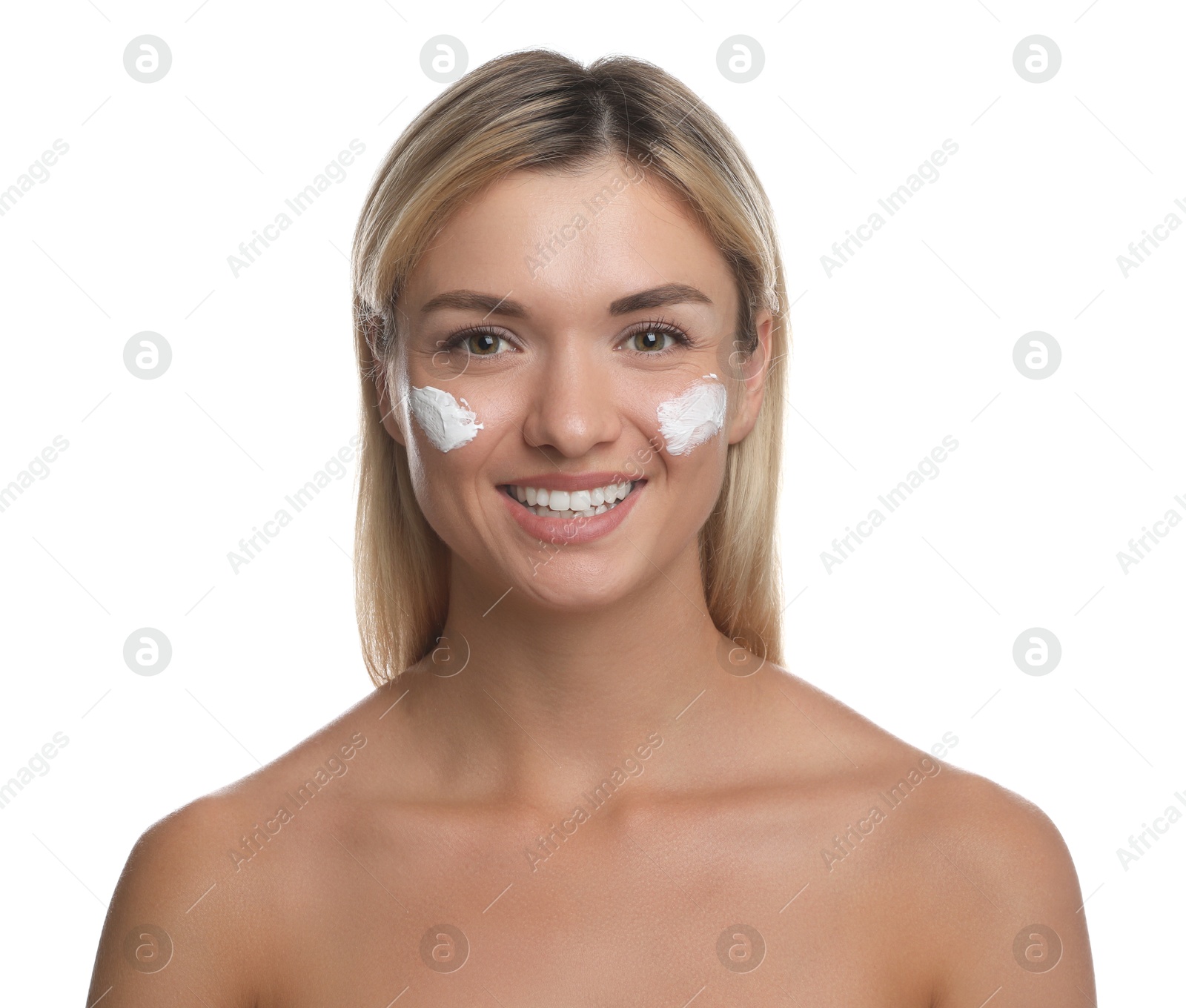 Photo of Beautiful woman with cream on her face against white background