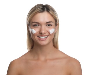 Photo of Beautiful woman with cream on her face against white background