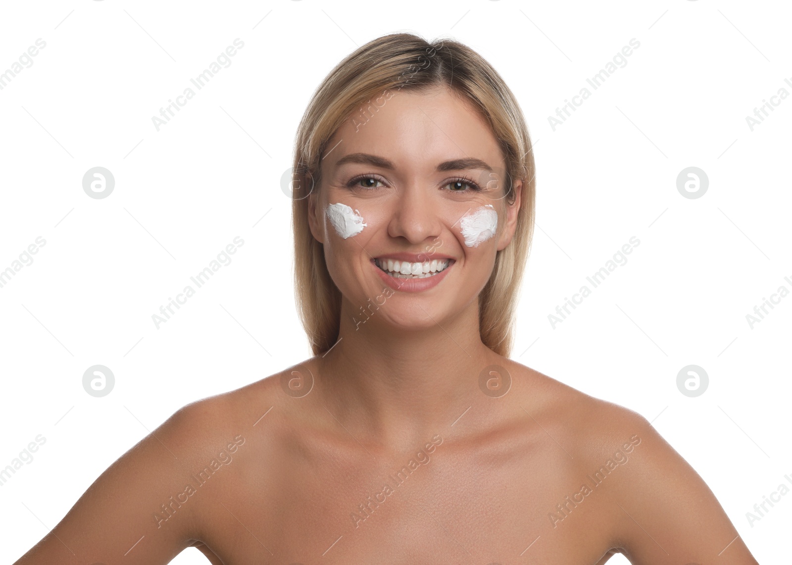 Photo of Beautiful woman with cream on her face against white background