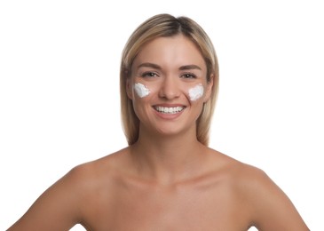 Photo of Beautiful woman with cream on her face against white background