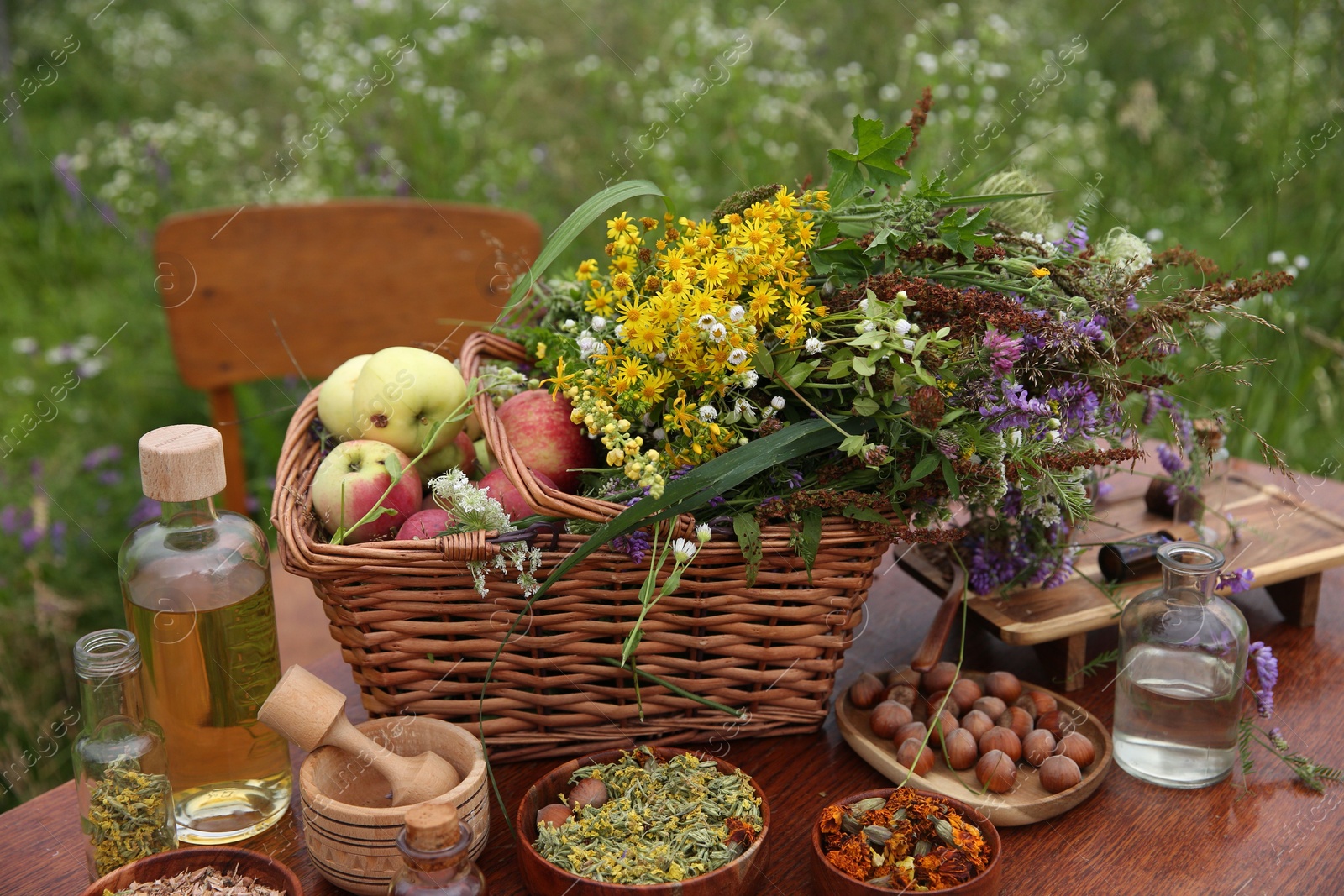 Photo of Different ingredients for tincture, mortar and pestle on wooden table outdoors