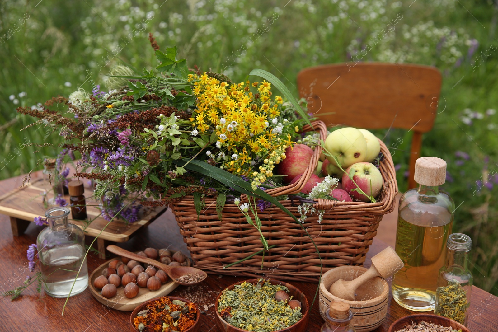 Photo of Different ingredients for tincture, mortar and pestle on wooden table outdoors