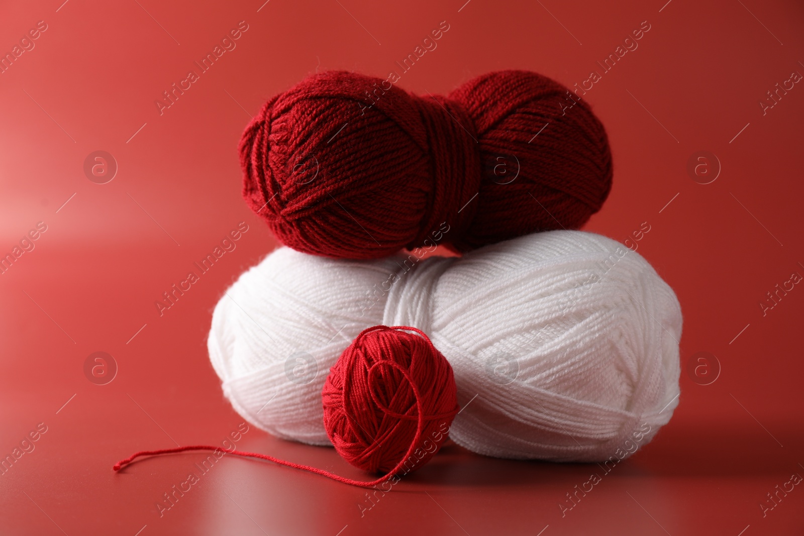 Photo of Different colorful yarns on red background. Knitting material