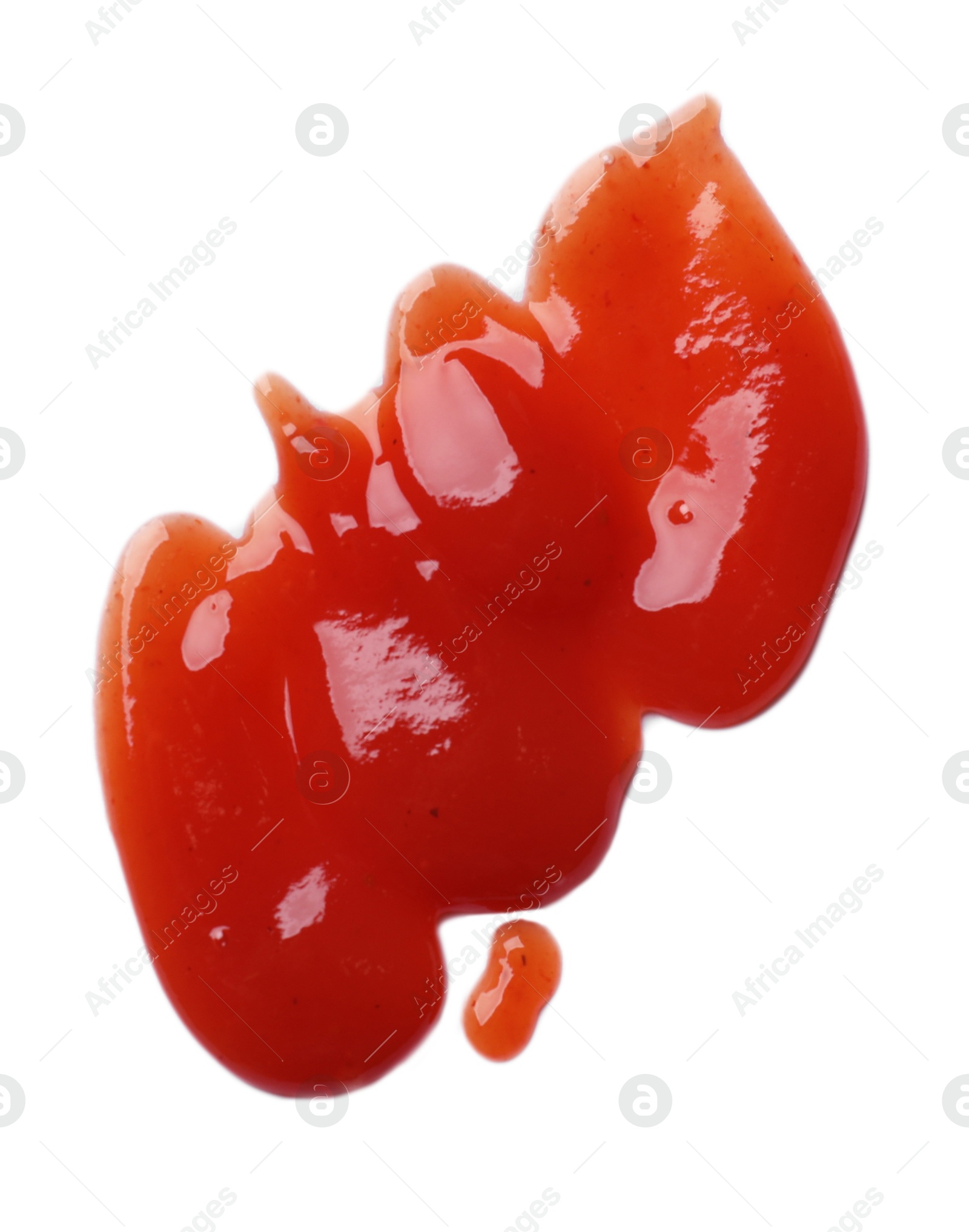 Photo of Tasty ketchup isolated on white, top view. Tomato sauce