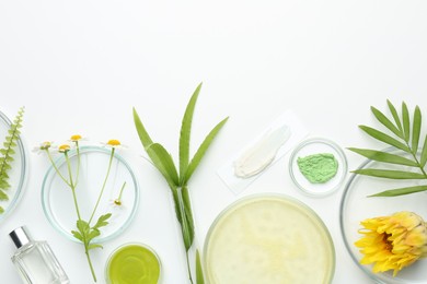 Photo of Petri dishes with green leaves, flowers and cosmetic products on white background, flat lay