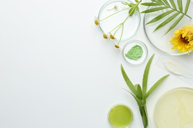 Photo of Petri dishes with green leaves, flowers and cosmetic products on white background, flat lay. Space for text