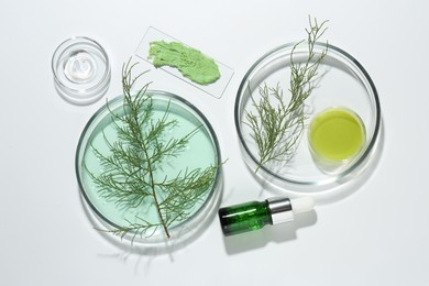 Photo of Petri dishes with green twigs and cosmetic products on white background, flat lay