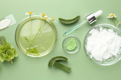 Petri dishes with leaves, chamomile flowers and cosmetic products on green background, flat lay