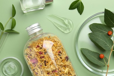 Photo of Petri dishes with leaves, flowers, cosmetic products and berries on green background, flat lay