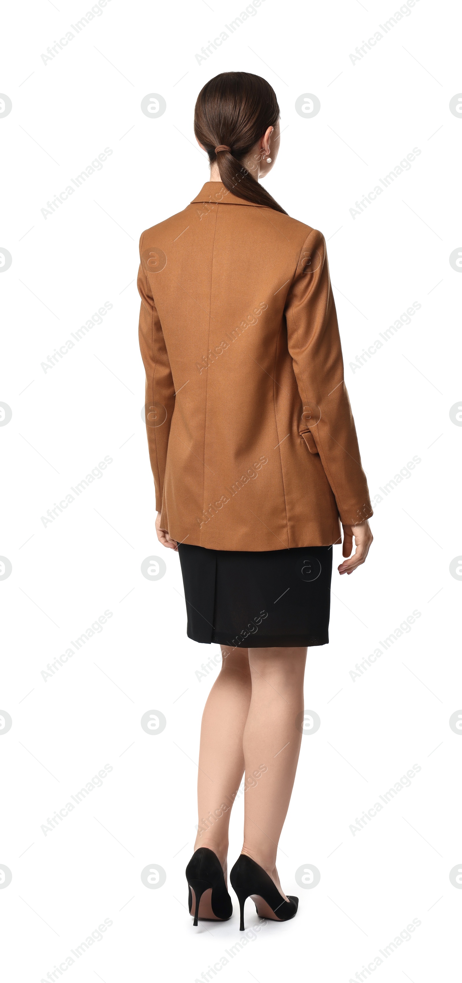 Photo of Woman in brown jacket and black dress on white background, back view