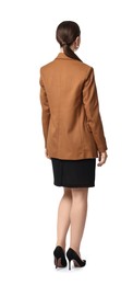 Photo of Woman in brown jacket and black dress on white background, back view