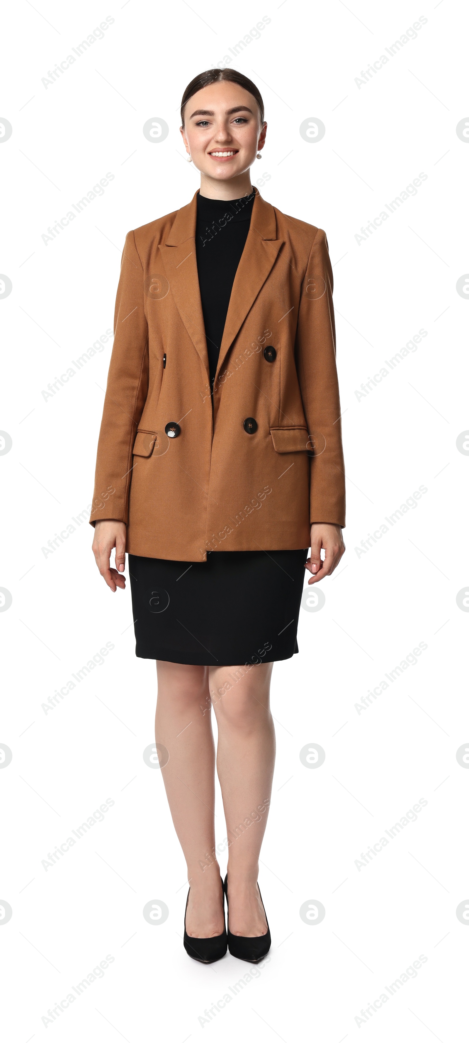 Photo of Beautiful woman in brown jacket and black dress on white background