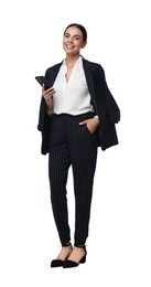 Photo of Beautiful woman in black striped suit with smartphone on white background