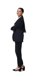 Photo of Beautiful woman in black striped suit on white background