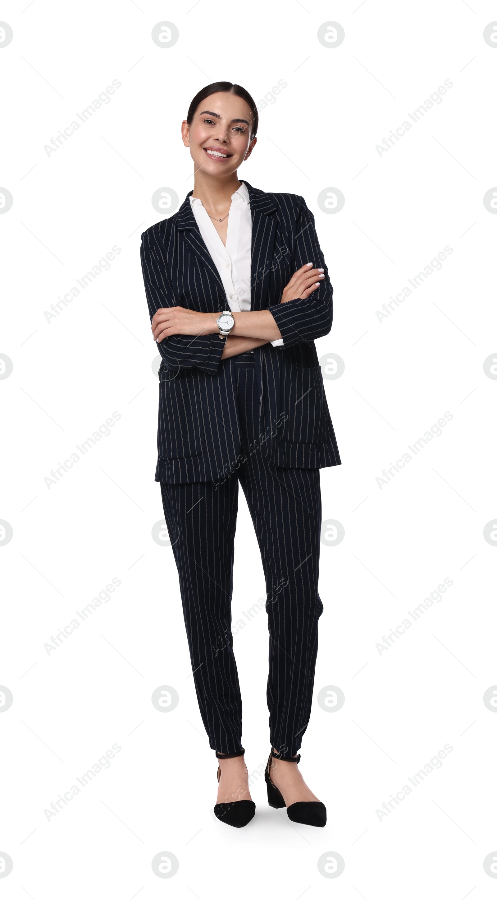 Photo of Beautiful woman in black striped suit on white background