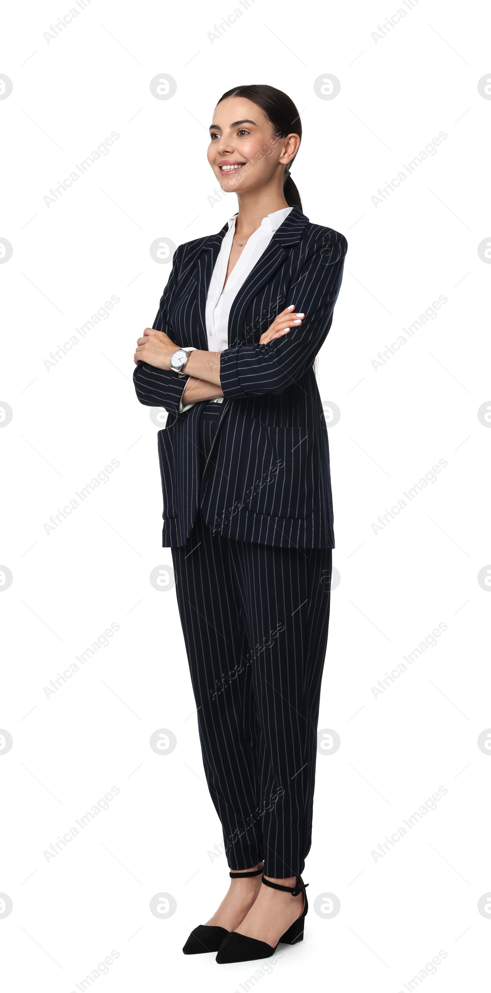 Photo of Beautiful woman in black striped suit on white background