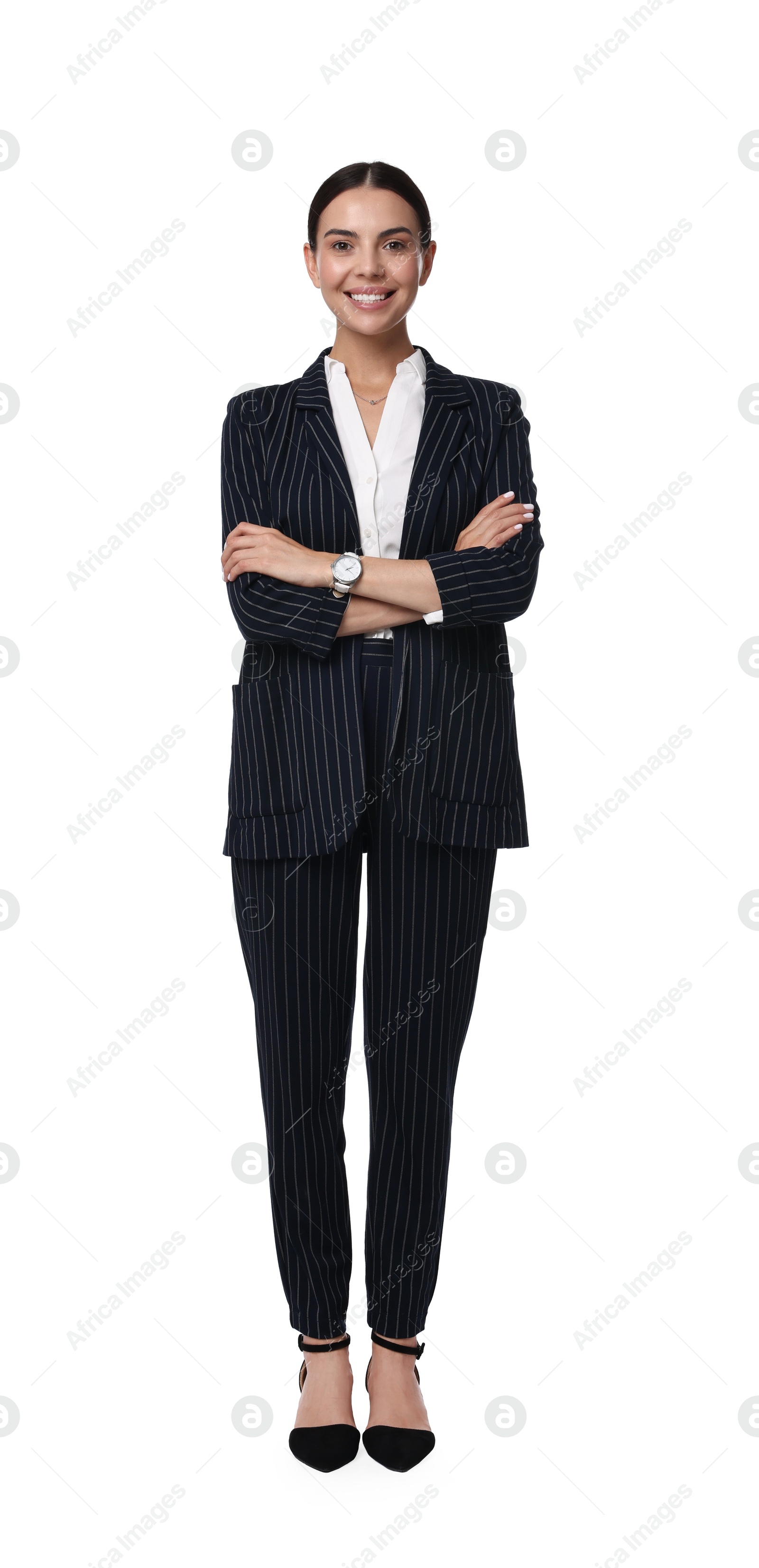 Photo of Beautiful woman in black striped suit on white background