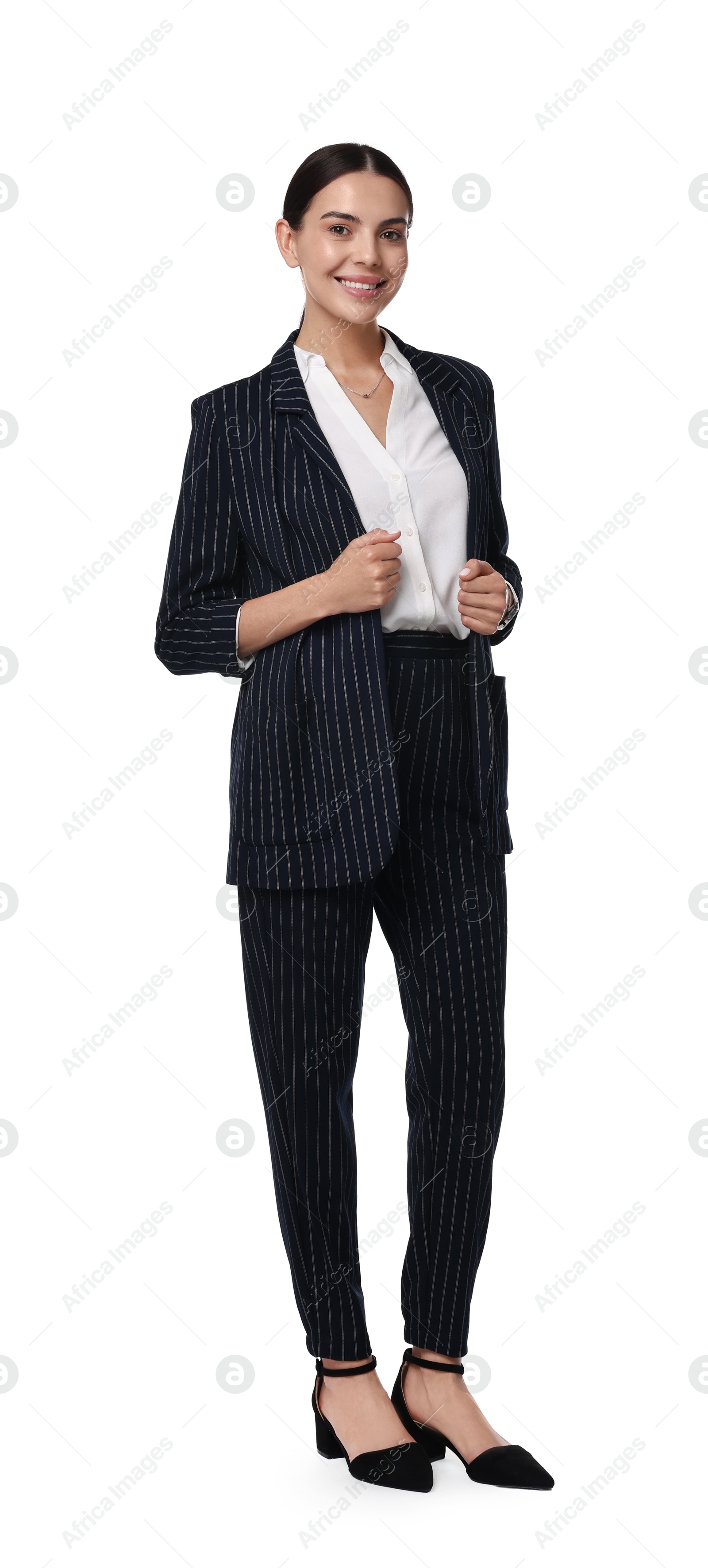 Photo of Beautiful woman in black striped suit on white background