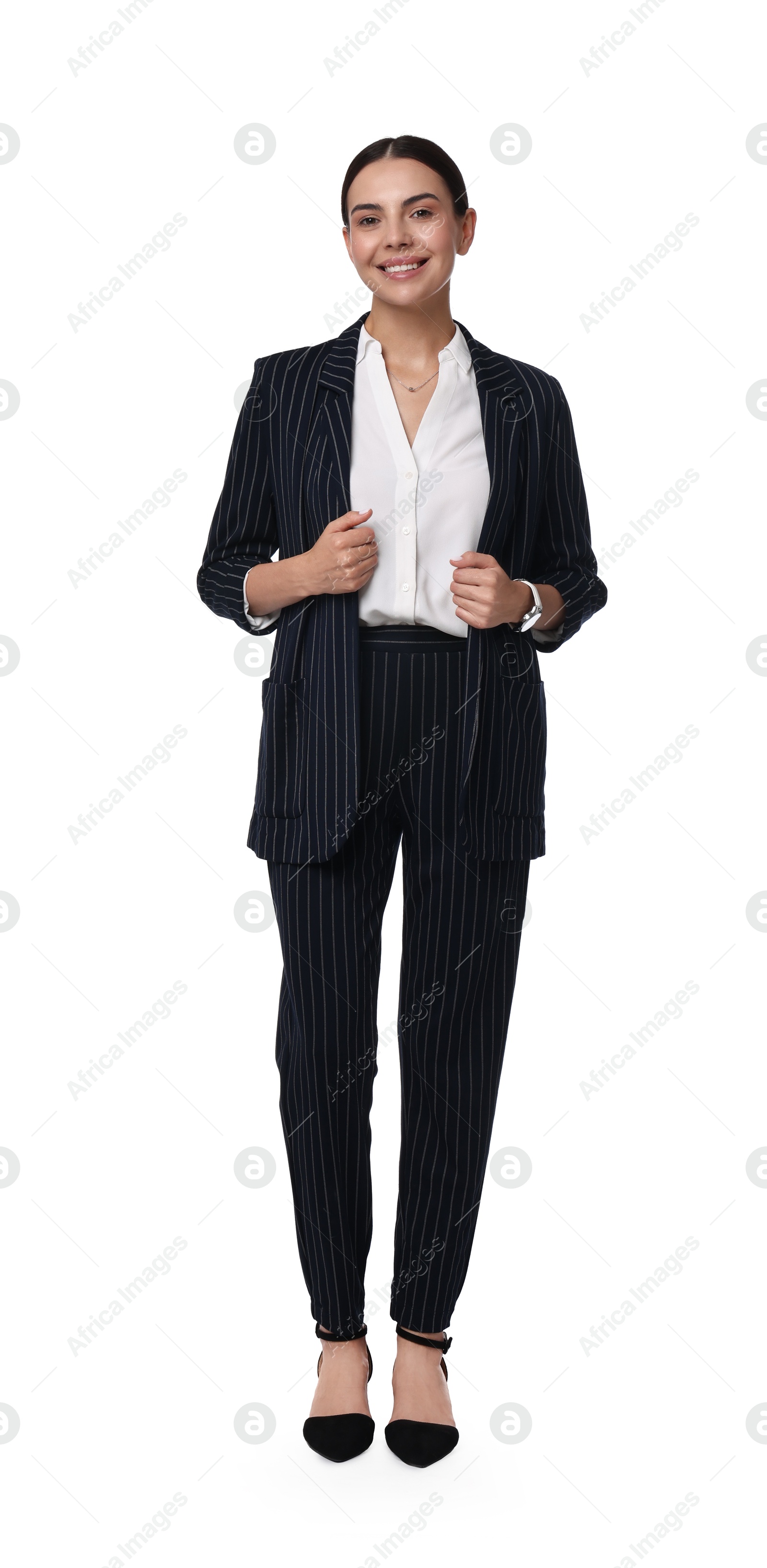 Photo of Beautiful woman in black striped suit on white background