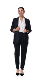 Beautiful woman in black striped suit on white background