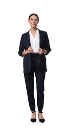 Photo of Beautiful woman in black striped suit on white background