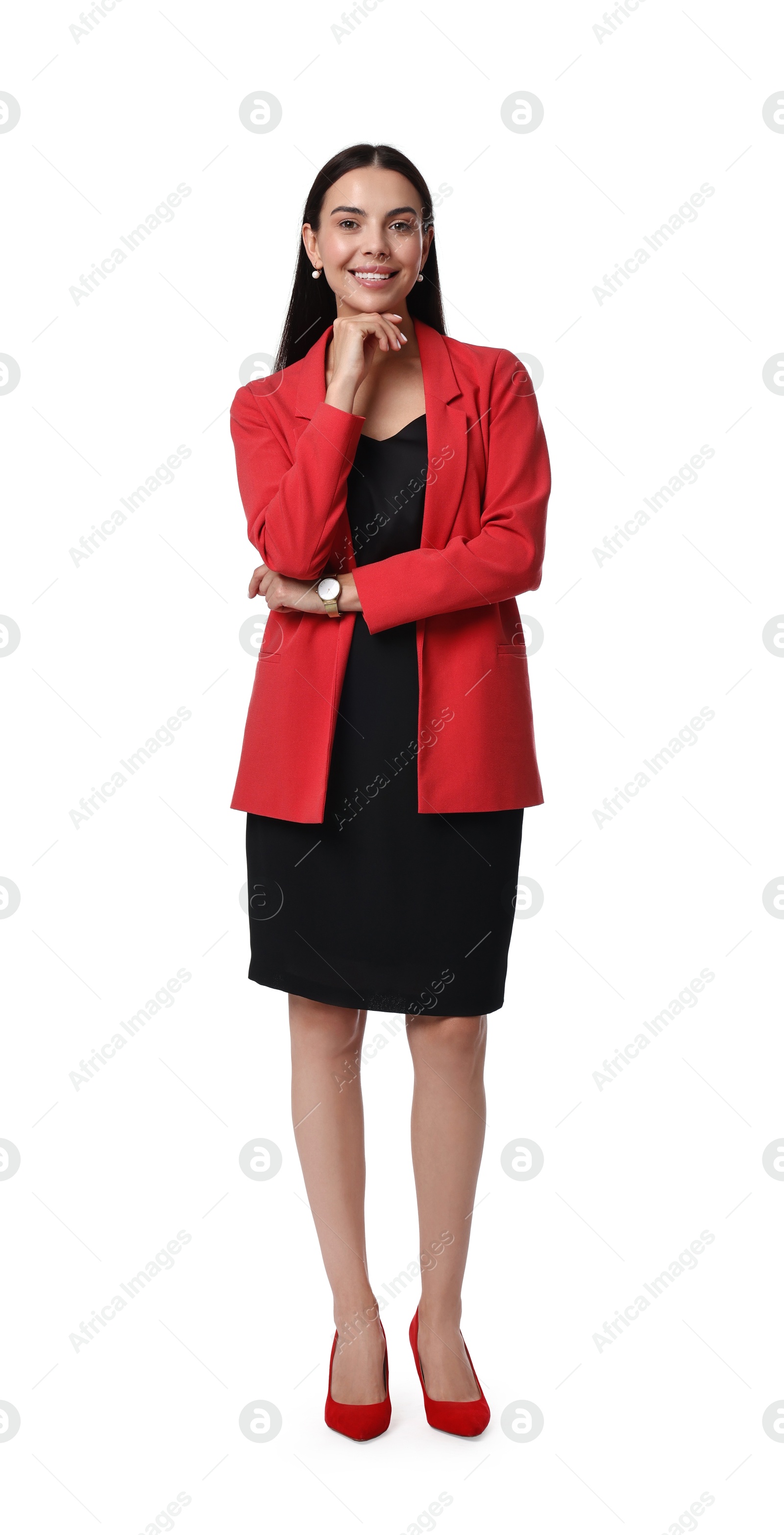 Photo of Beautiful woman in red jacket and black dress on white background