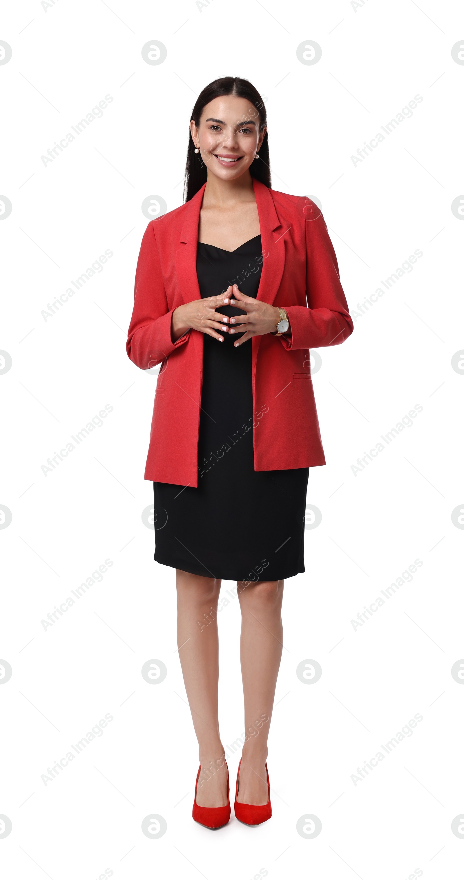 Photo of Beautiful woman in red jacket and black dress on white background