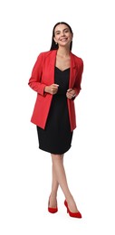 Photo of Beautiful woman in red jacket and black dress on white background