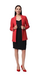 Photo of Beautiful woman in red jacket and black dress on white background