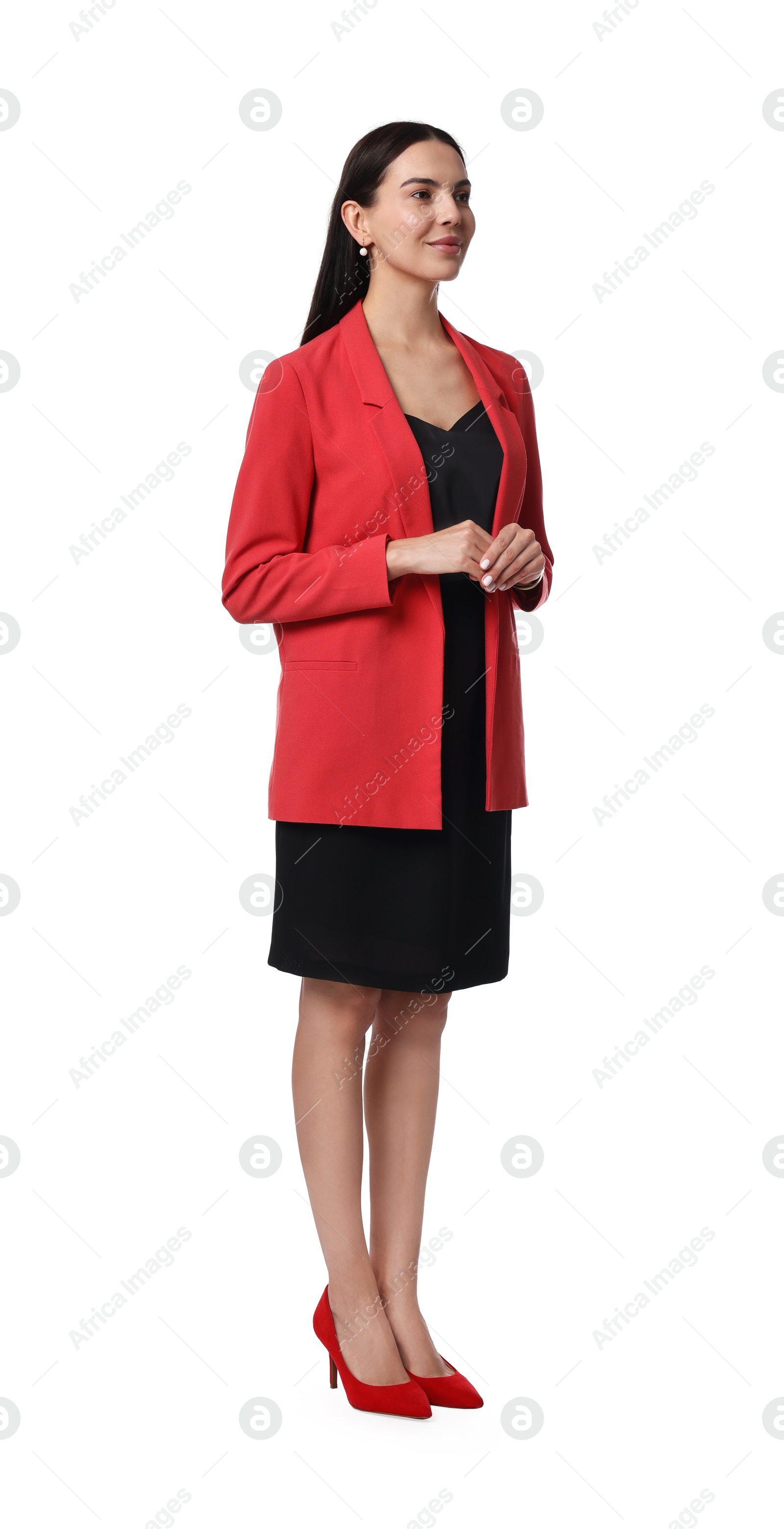 Photo of Beautiful woman in red jacket and black dress on white background