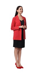 Photo of Beautiful woman in red jacket and black dress on white background