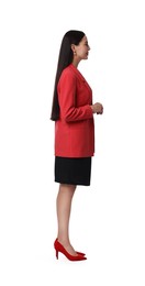 Photo of Beautiful woman in red jacket and black dress on white background