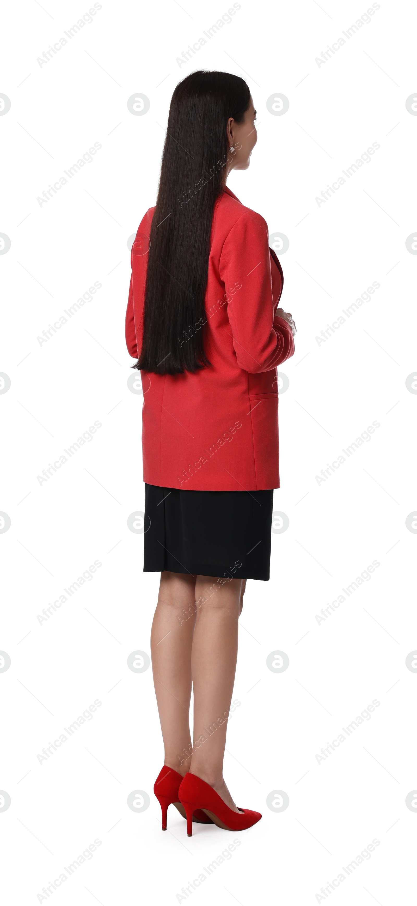 Photo of Woman in red jacket and black dress on white background