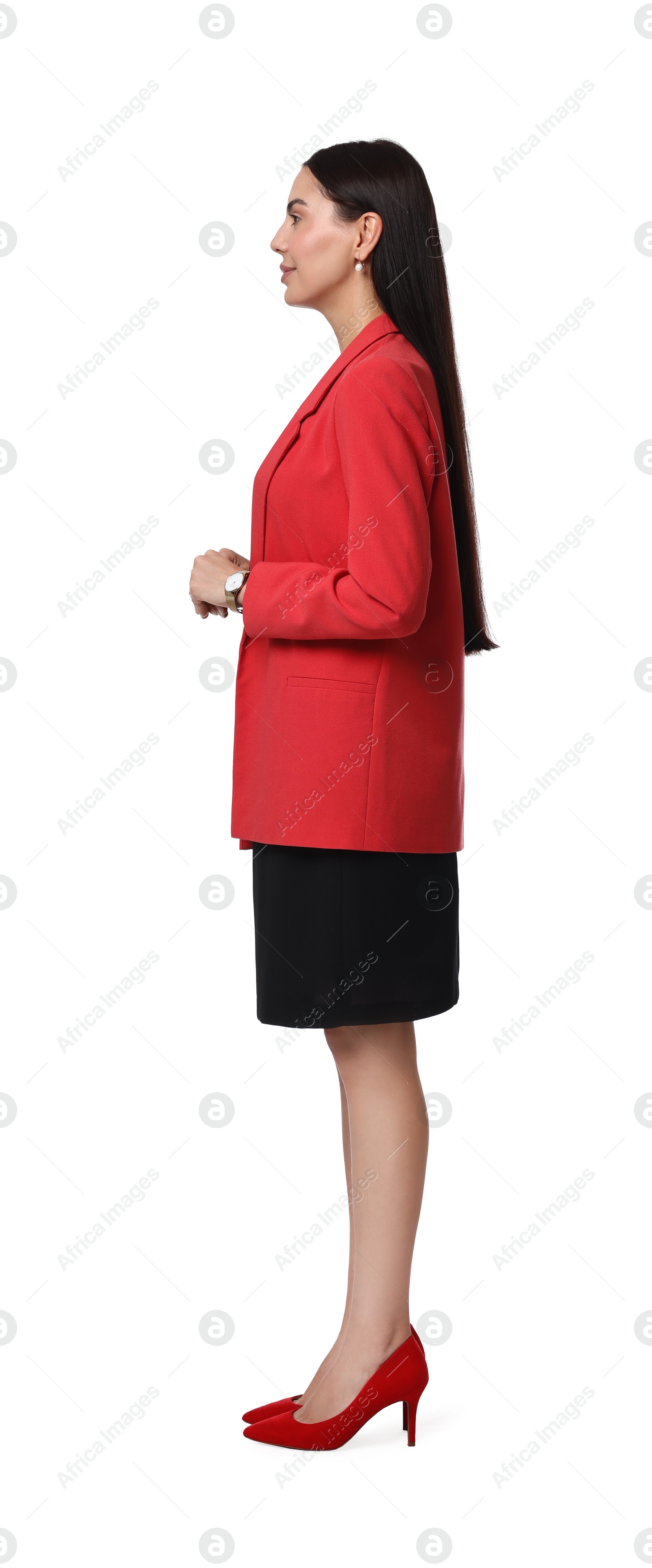 Photo of Beautiful woman in red jacket and black dress on white background