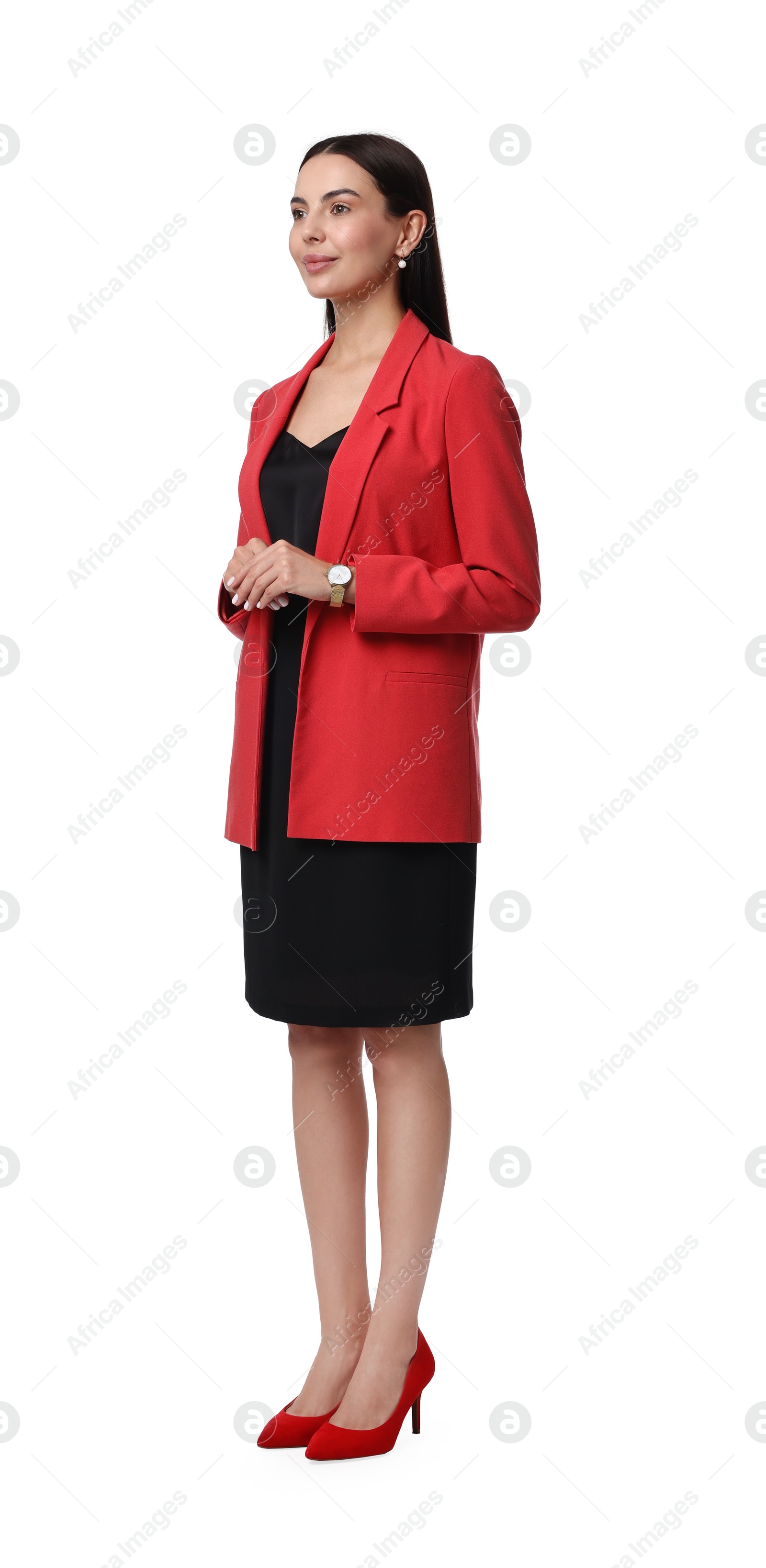 Photo of Beautiful woman in red jacket and black dress on white background